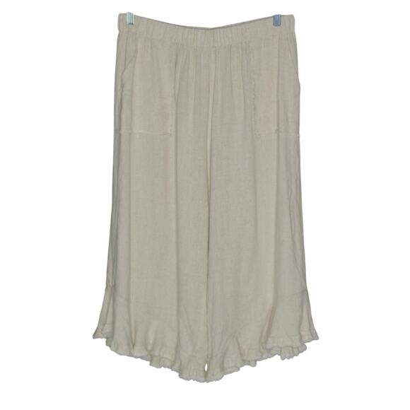 Umgee L Ruffle Hem Cropped Pants Linen Cotton Blend Pull On Wide Leg - Picture 1 of 10